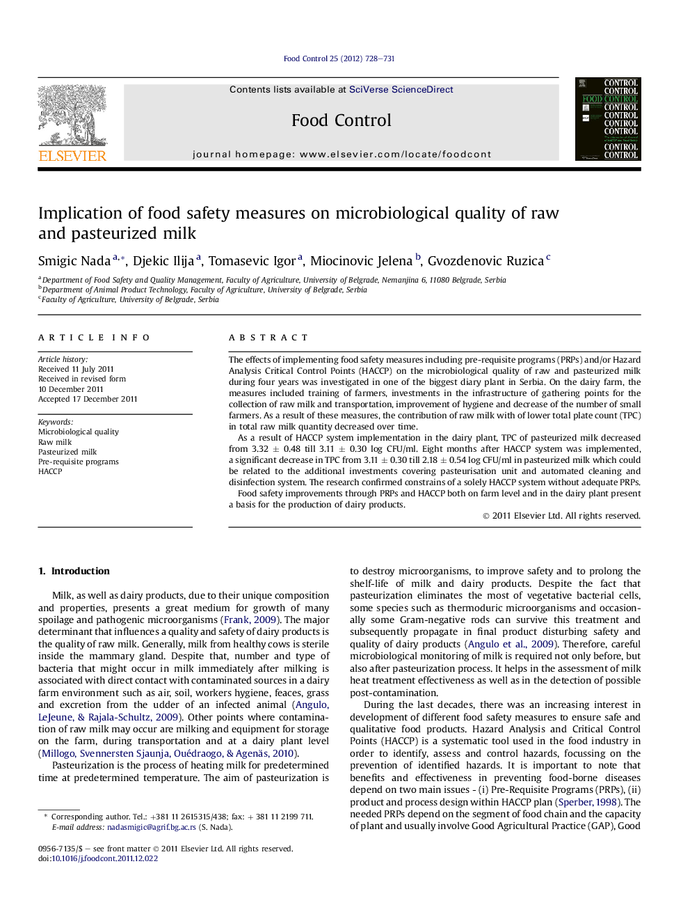 Implication of food safety measures on microbiological quality of raw and pasteurized milk