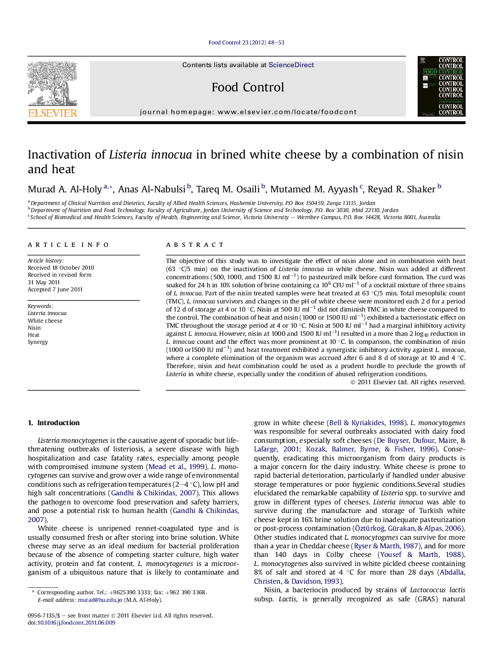 Inactivation of Listeria innocua in brined white cheese by a combination of nisin and heat