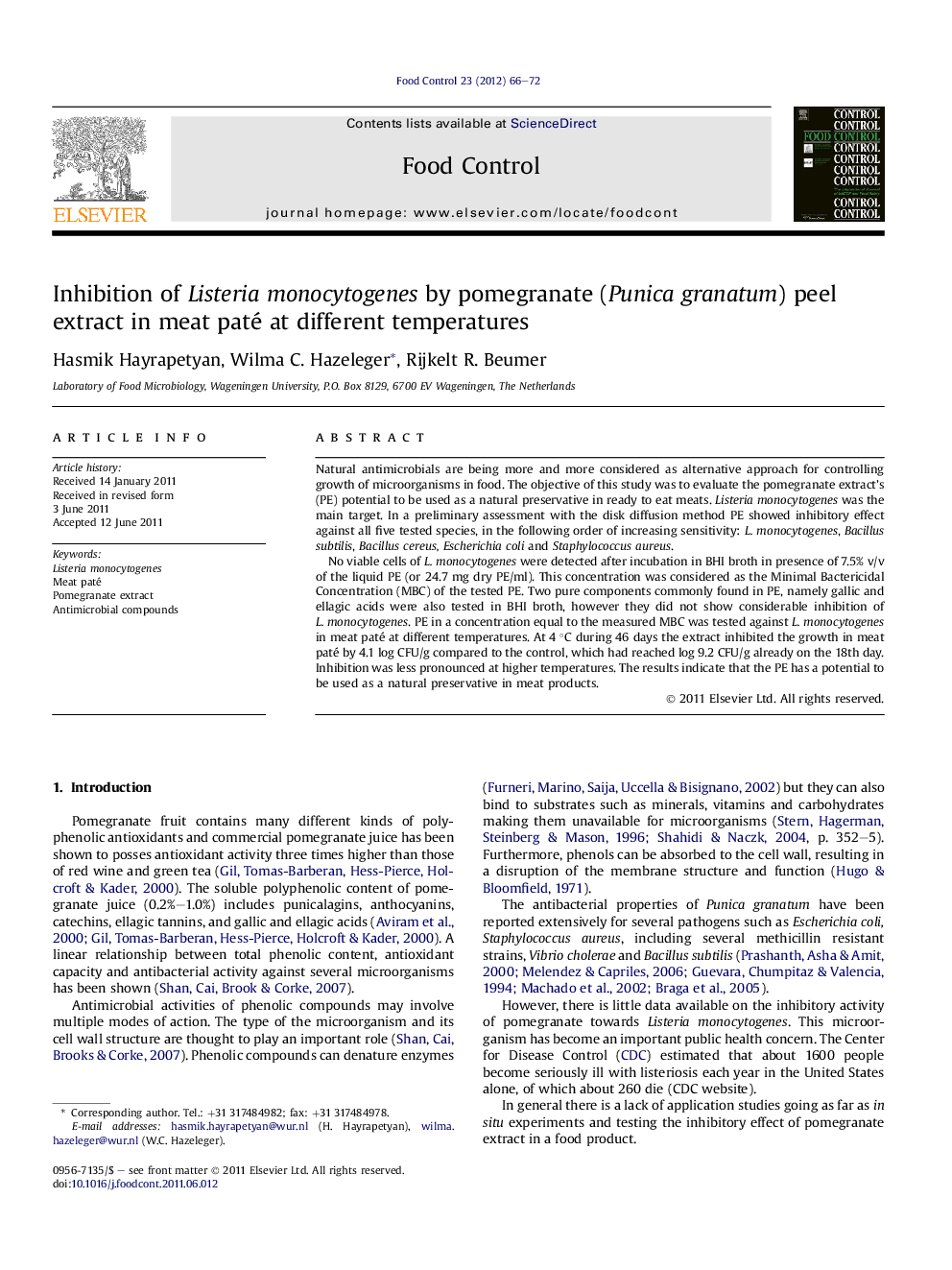 Inhibition of Listeria monocytogenes by pomegranate (Punica granatum) peel extract in meat paté at different temperatures