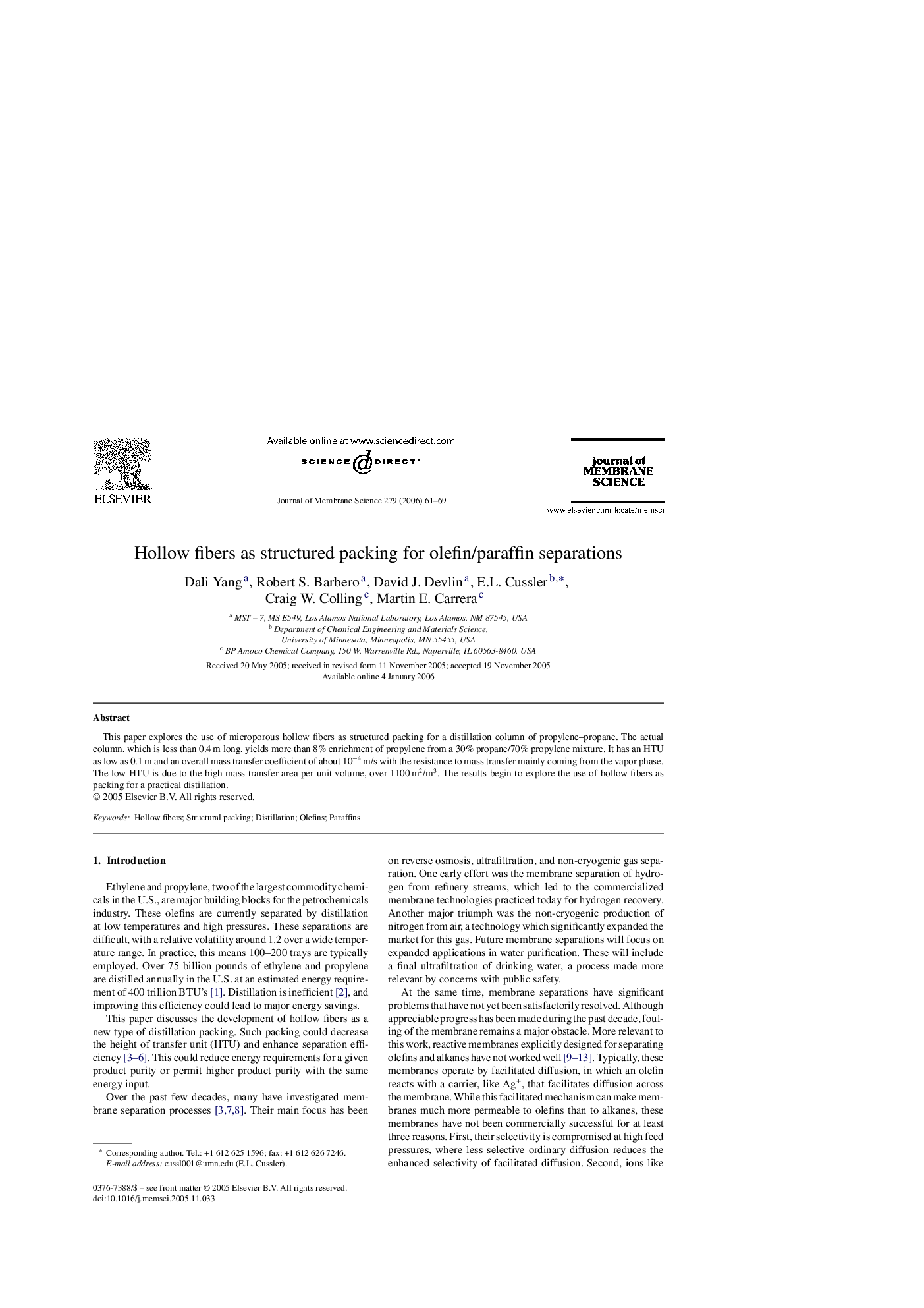 Hollow fibers as structured packing for olefin/paraffin separations