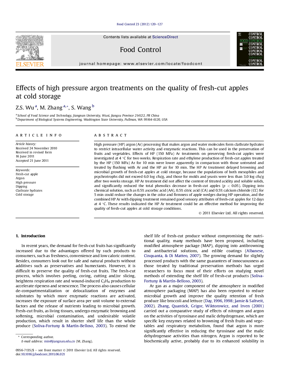 Effects of high pressure argon treatments on the quality of fresh-cut apples at cold storage