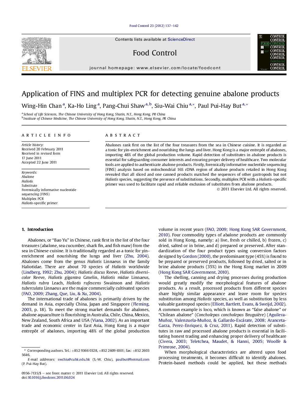 Application of FINS and multiplex PCR for detecting genuine abalone products