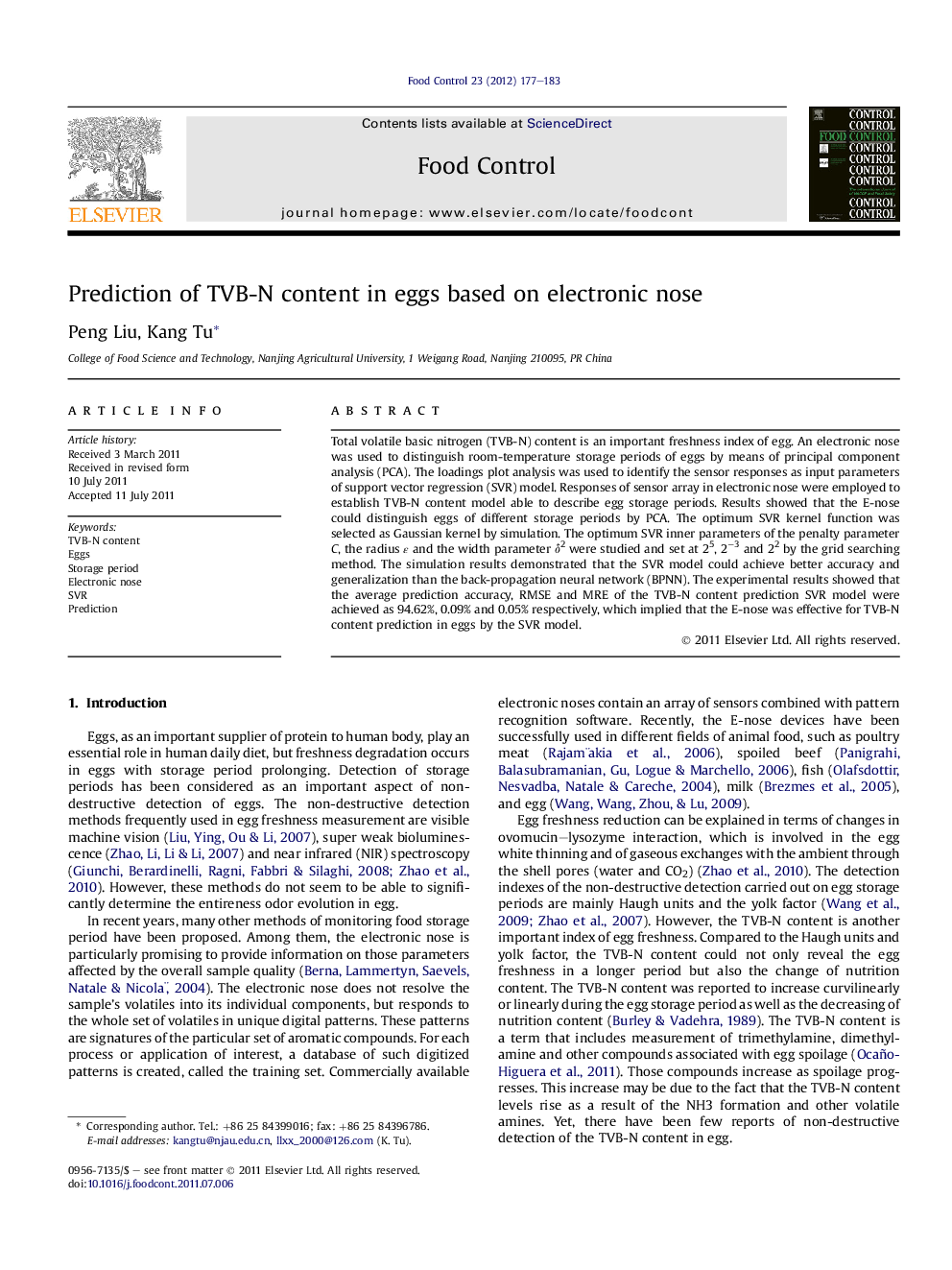 Prediction of TVB-N content in eggs based on electronic nose