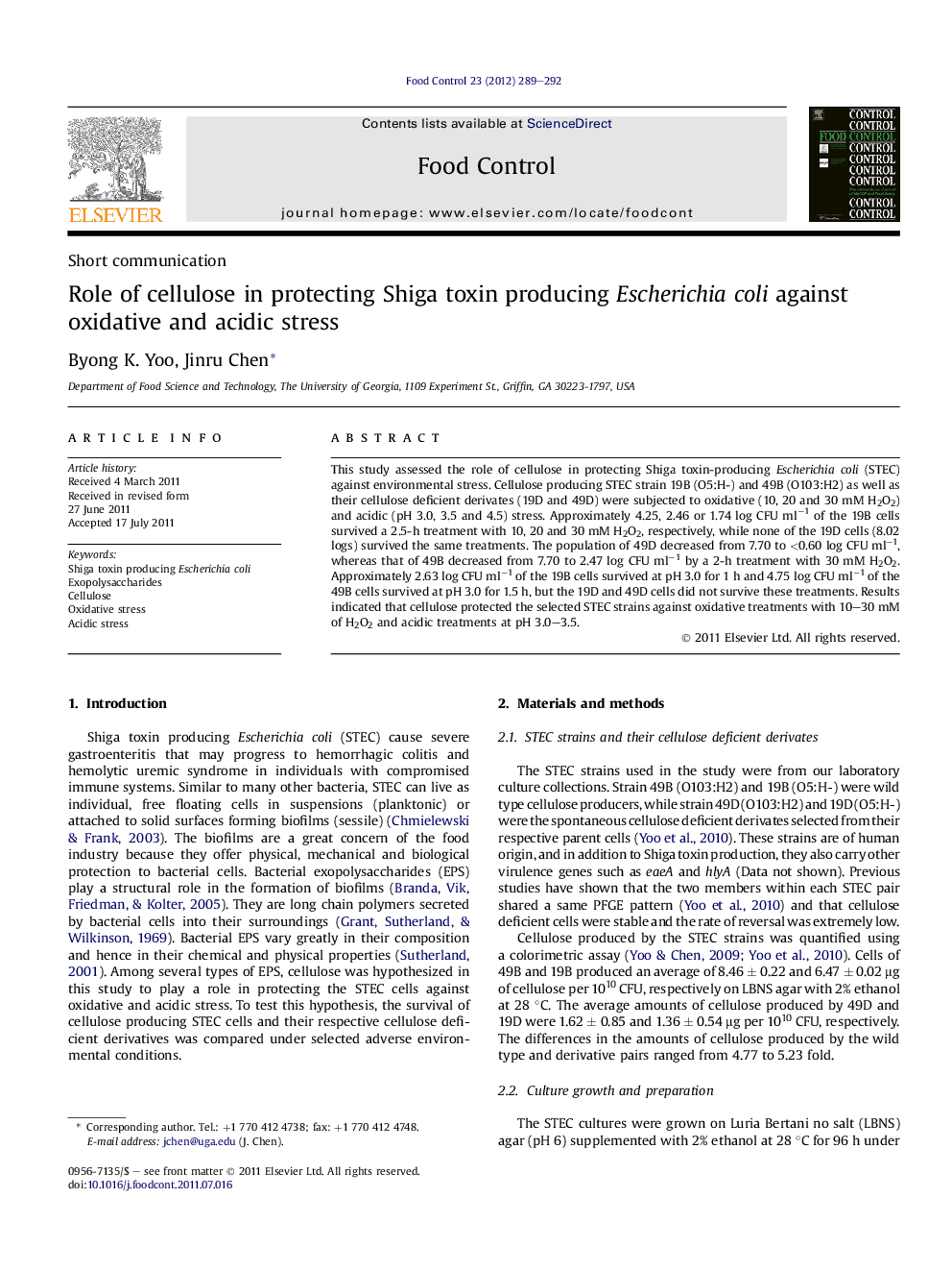 Short communicationRole of cellulose in protecting Shiga toxin producing Escherichia coli against oxidative and acidic stress