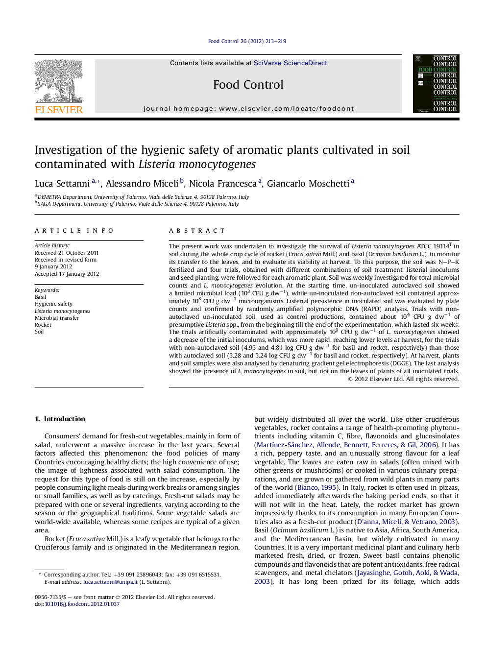 Investigation of the hygienic safety of aromatic plants cultivated in soil contaminated with Listeria monocytogenes