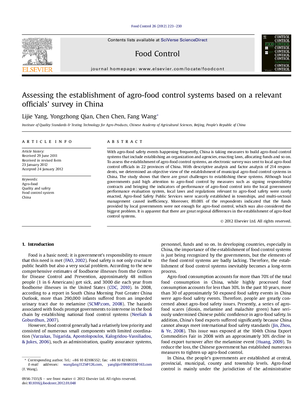 Assessing the establishment of agro-food control systems based on a relevant officials' survey in China