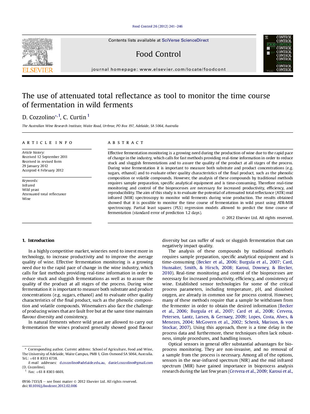 The use of attenuated total reflectance as tool to monitor the time course of fermentation in wild ferments