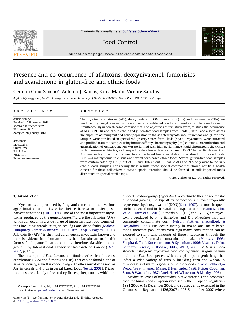 عکس صفحه اول مقاله: Presence and co-occurrence of aflatoxins, deoxynivalenol, fumonisins and zearalenone in gluten-free and ethnic foods Presence and co-occurrence of aflatoxins, deoxynivalenol, fumonisins and zearalenone in gluten-free and ethnic foods