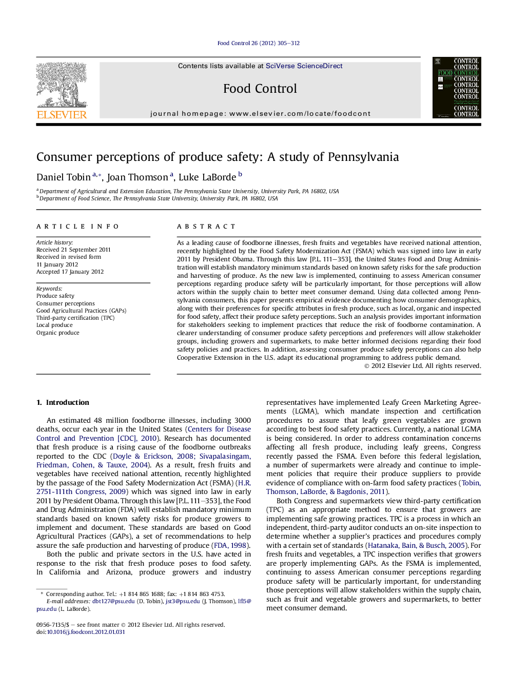 Consumer perceptions of produce safety: A study of Pennsylvania