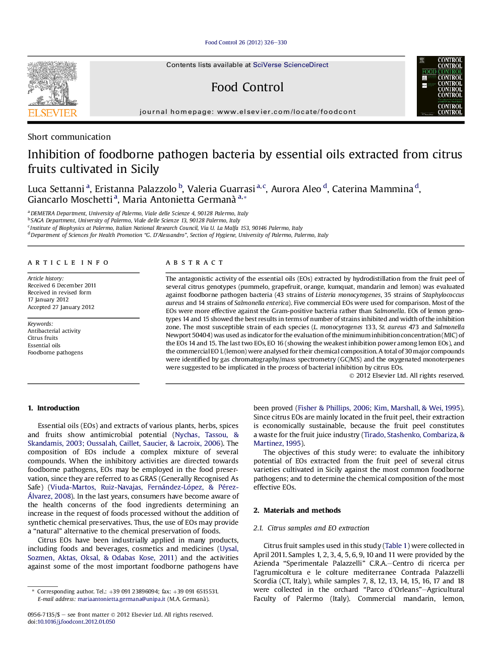 عکس صفحه اول مقاله: Short communicationInhibition of foodborne pathogen bacteria by essential oils extracted from citrus fruits cultivated in Sicily Short communicationInhibition of foodborne pathogen bacteria by essential oils extracted from citrus fruits cultivated in Sicily