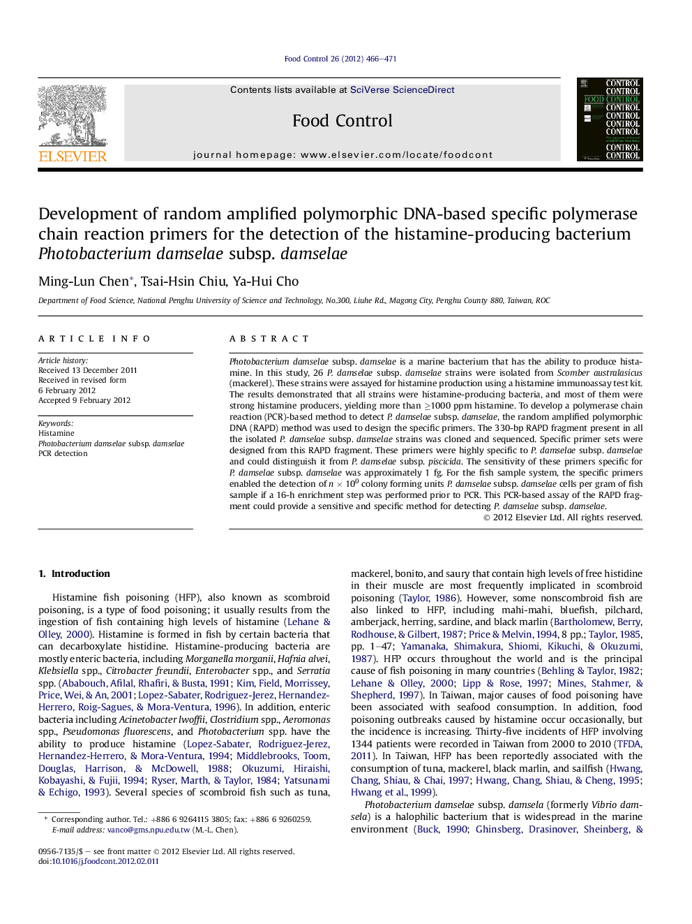 Development of random amplified polymorphic DNA-based specific polymerase chain reaction primers for the detection of the histamine-producing bacterium Photobacterium damselae subsp. damselae