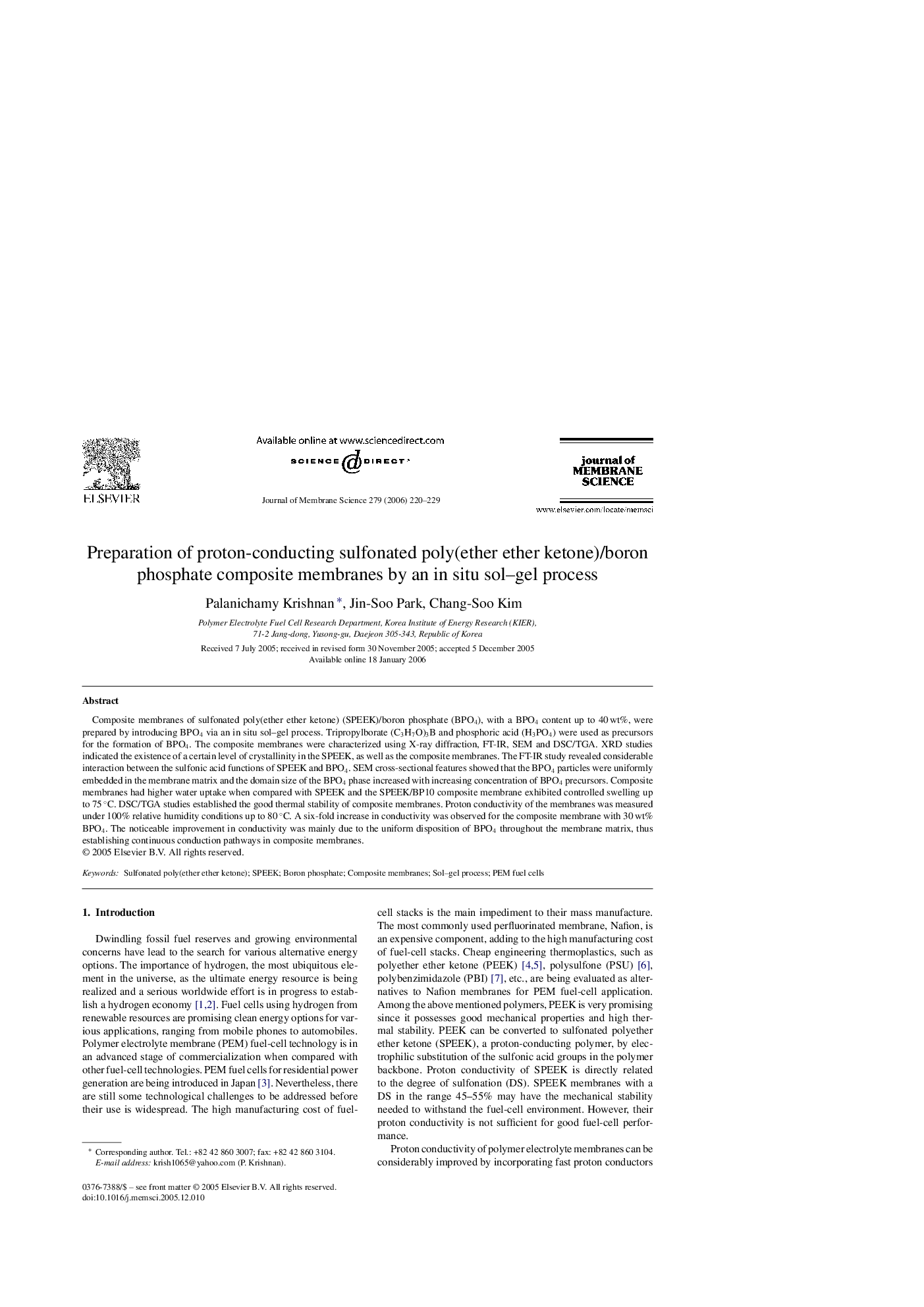 Preparation of proton-conducting sulfonated poly(ether ether ketone)/boron phosphate composite membranes by an in situ sol–gel process