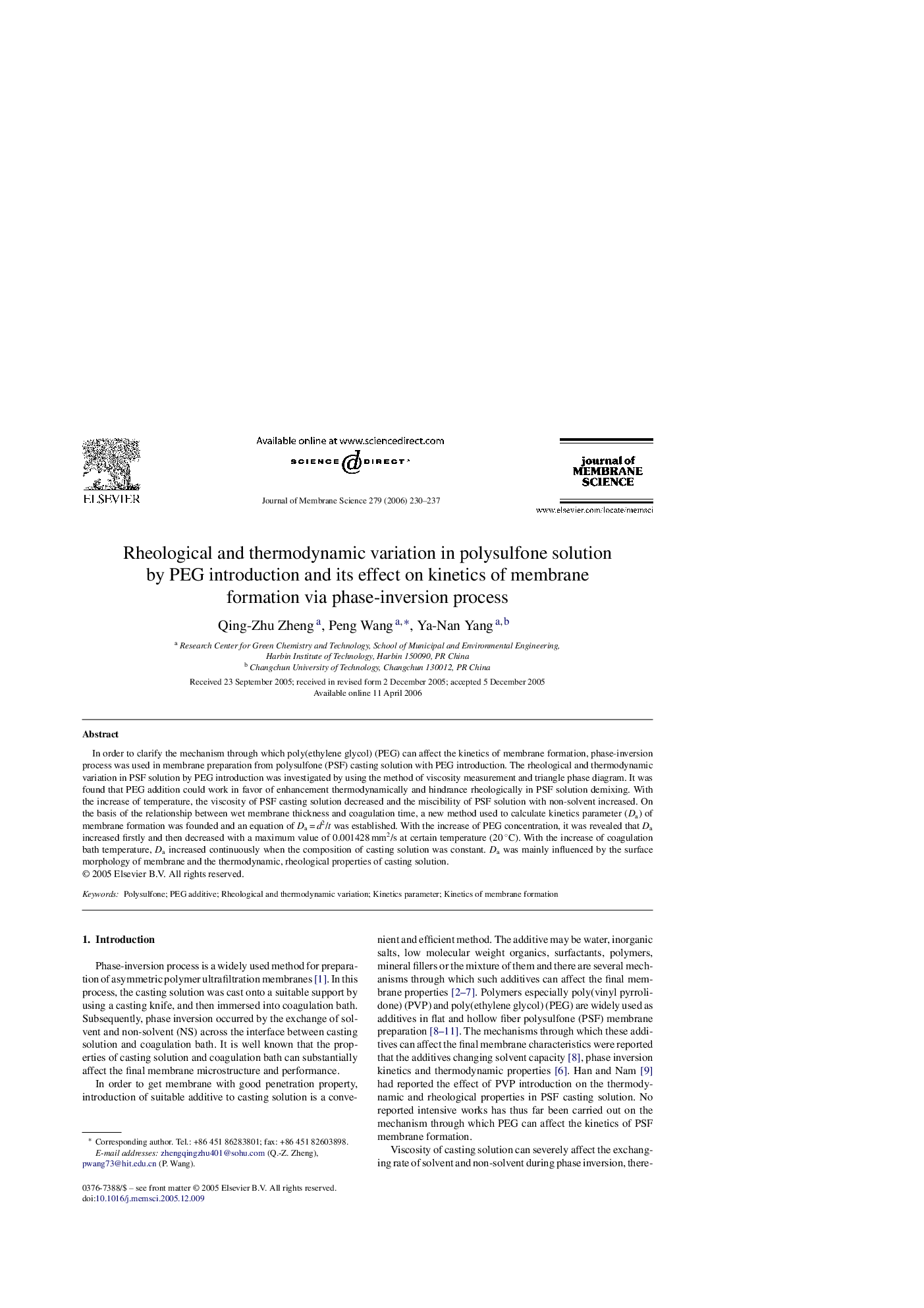 Rheological and thermodynamic variation in polysulfone solution by PEG introduction and its effect on kinetics of membrane formation via phase-inversion process