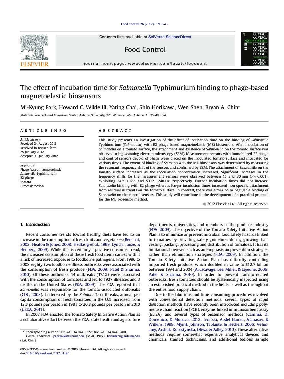 The effect of incubation time for Salmonella Typhimurium binding to phage-based magnetoelastic biosensors