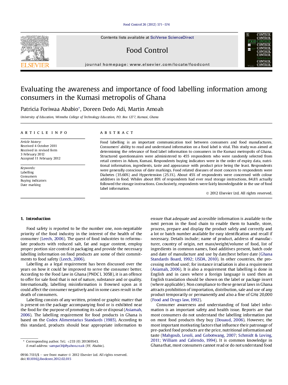 Evaluating the awareness and importance of food labelling information among consumers in the Kumasi metropolis of Ghana