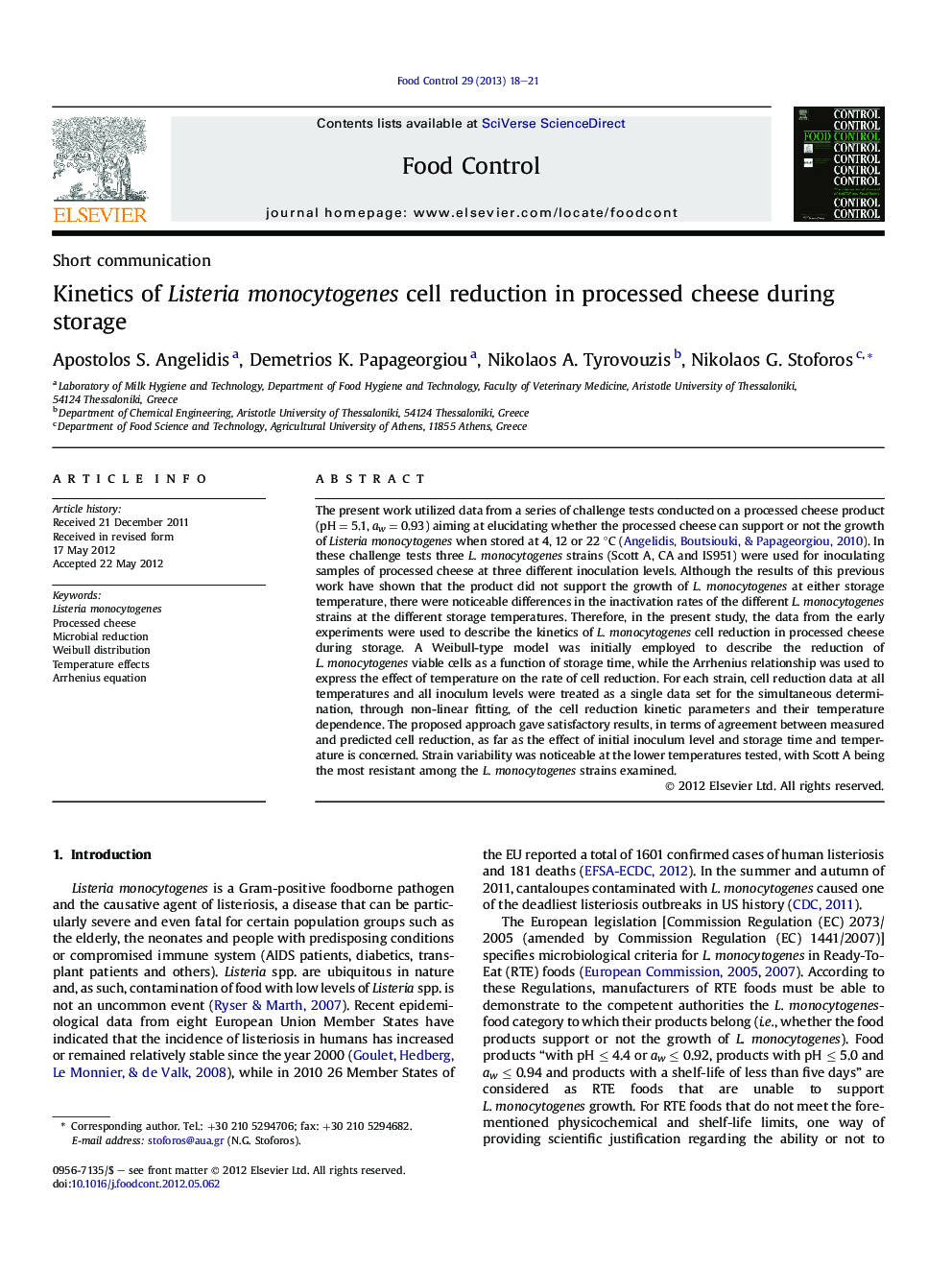 Short communicationKinetics of Listeria monocytogenes cell reduction in processed cheese during storage