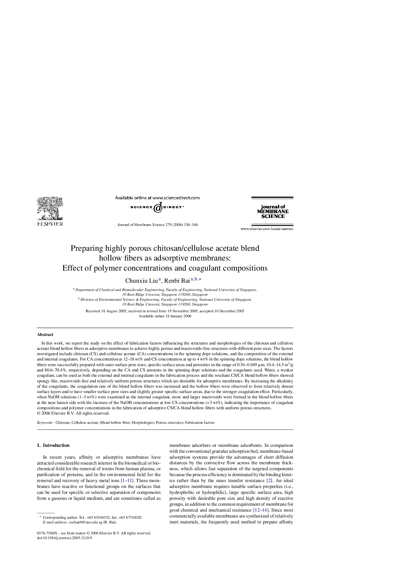عکس صفحه اول مقاله: Preparing highly porous chitosan/cellulose acetate blend hollow fibers as adsorptive membranes: Effect of polymer concentrations and coagulant compositions Preparing highly porous chitosan/cellulose acetate blend hollow fibers as adsorptive membranes: Effect of polymer concentrations and coagulant compositions