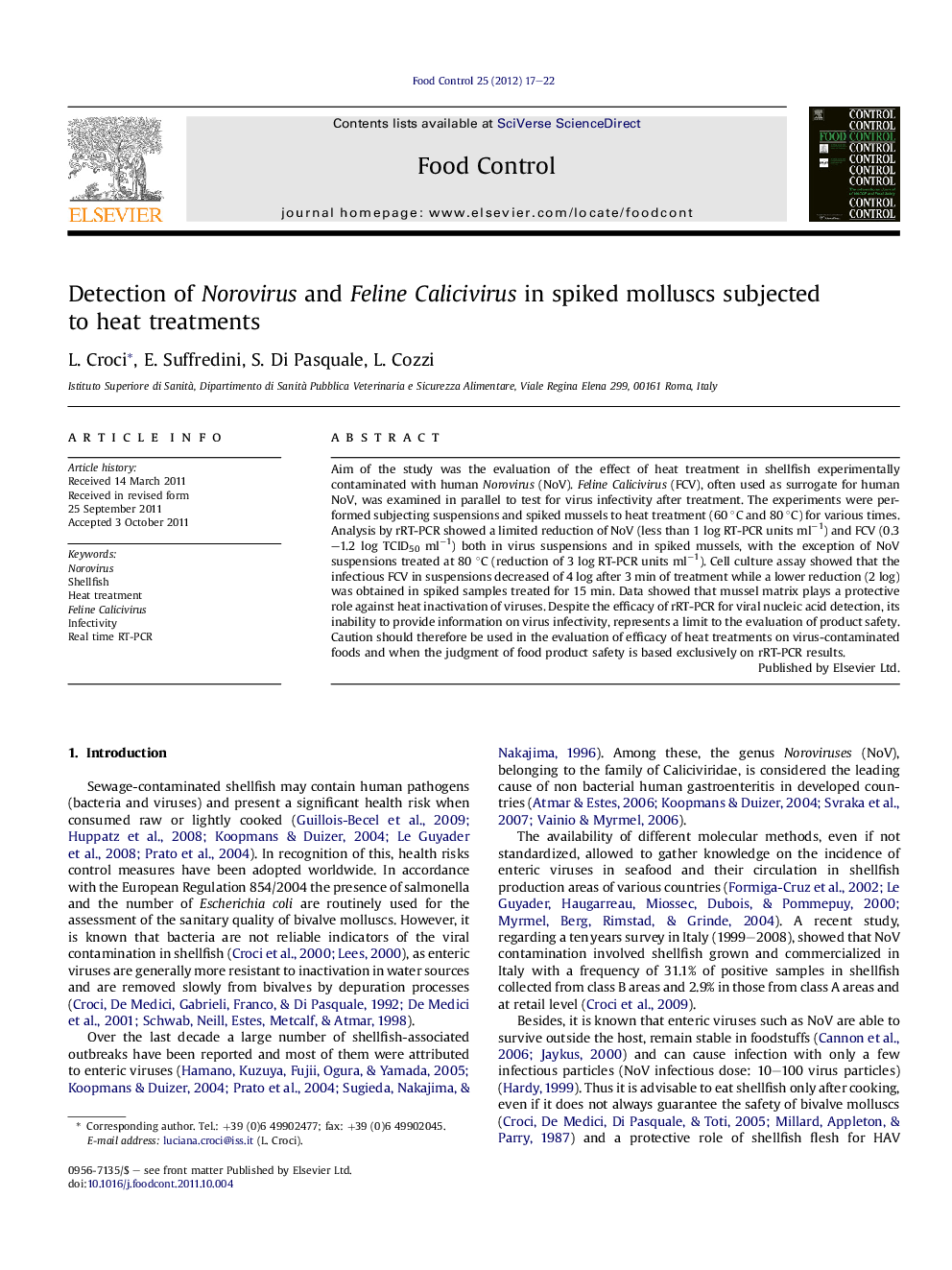 Detection of Norovirus and Feline Calicivirus in spiked molluscs subjected to heat treatments