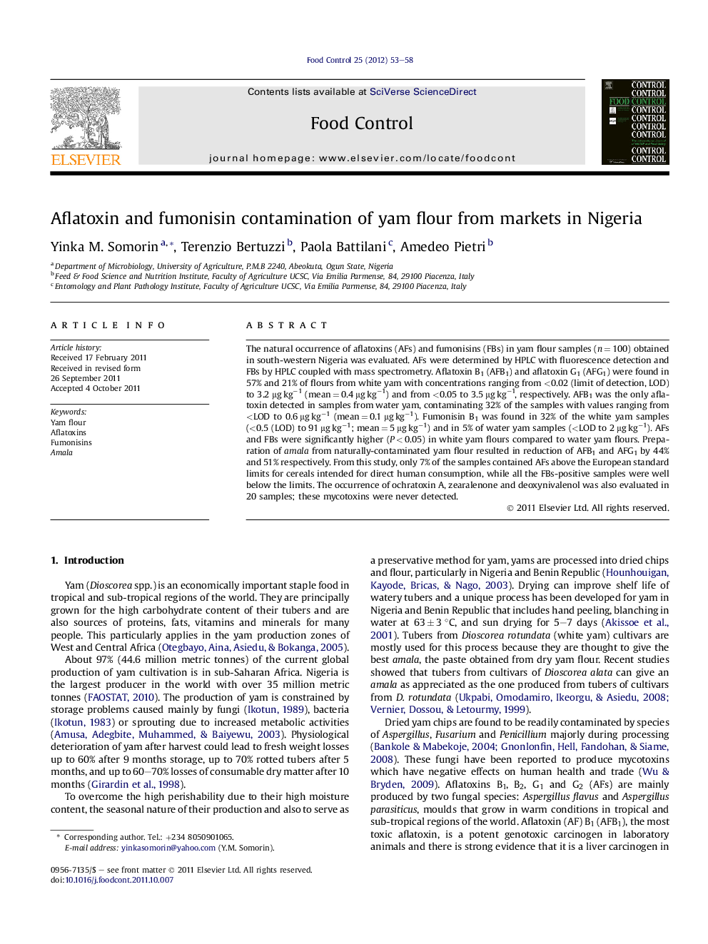 Aflatoxin and fumonisin contamination of yam flour from markets in Nigeria