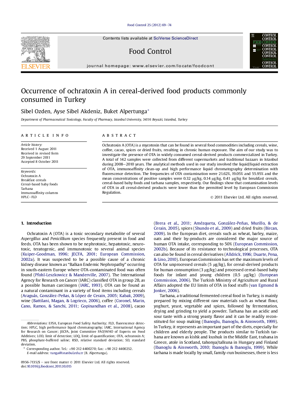 Occurrence of ochratoxin A in cereal-derived food products commonly consumed in Turkey