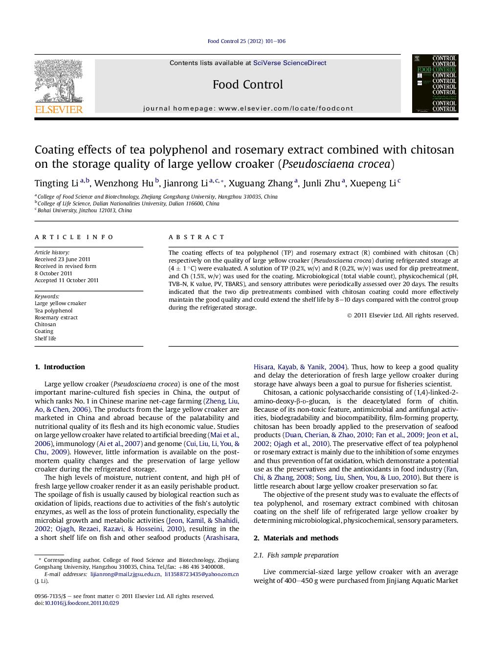 Coating effects of tea polyphenol and rosemary extract combined with chitosan on the storage quality of large yellow croaker (Pseudosciaena crocea)