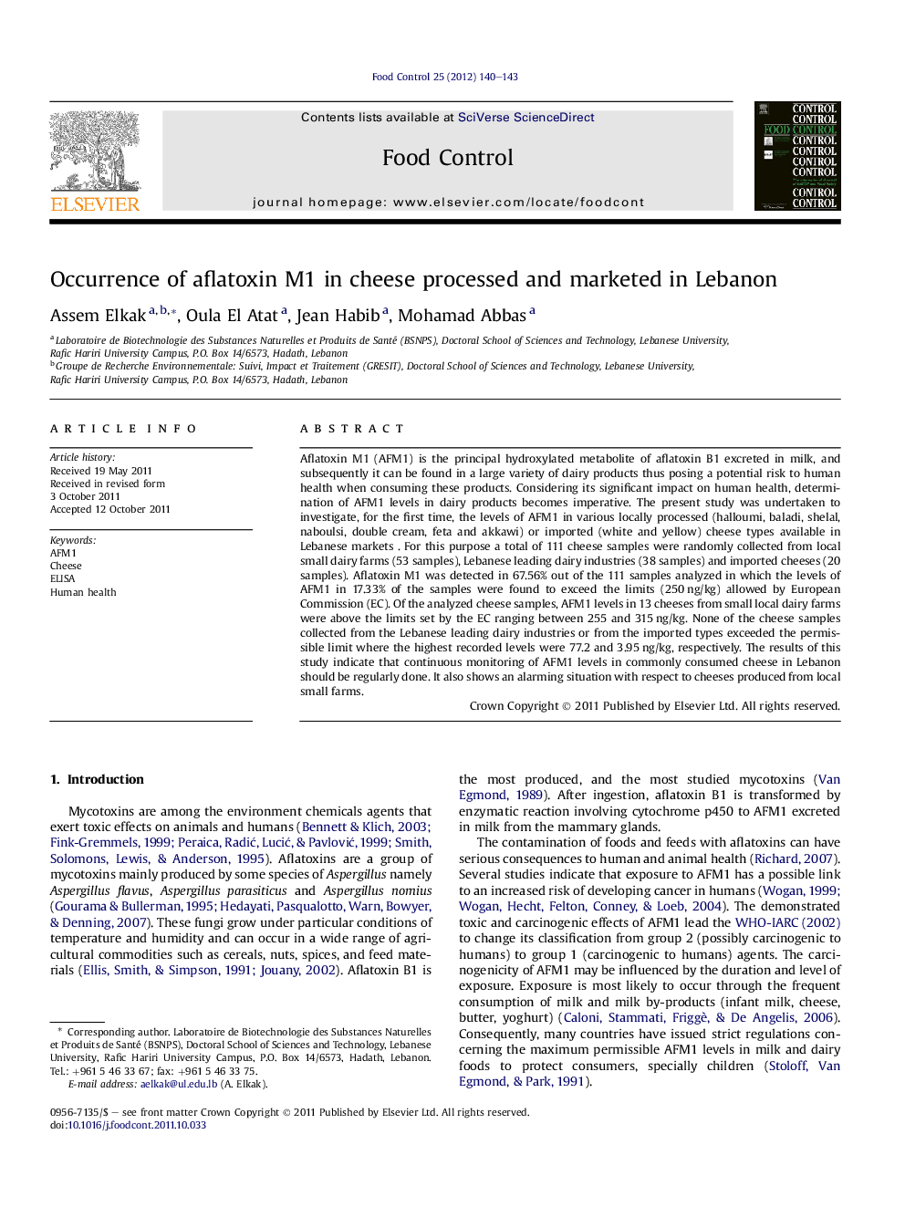 Occurrence of aflatoxin M1 in cheese processed and marketed in Lebanon