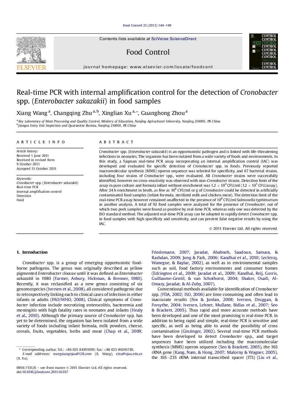 Real-time PCR with internal amplification control for the detection of Cronobacter spp. (Enterobacter sakazakii) in food samples