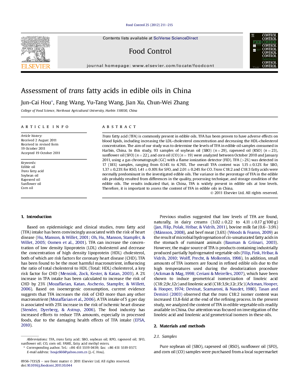 عکس صفحه اول مقاله: Assessment of trans fatty acids in edible oils in China Assessment of trans fatty acids in edible oils in China