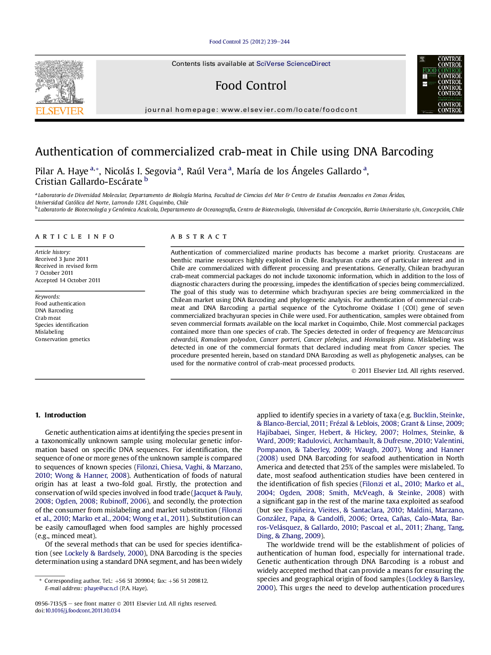 Authentication of commercialized crab-meat in Chile using DNA Barcoding