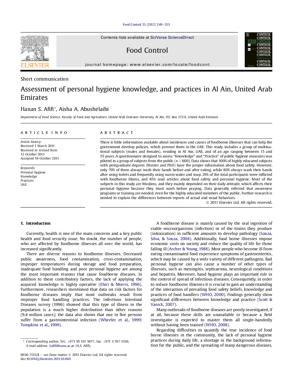 Short communicationAssessment of personal hygiene knowledge, and practices in Al Ain, United Arab Emirates