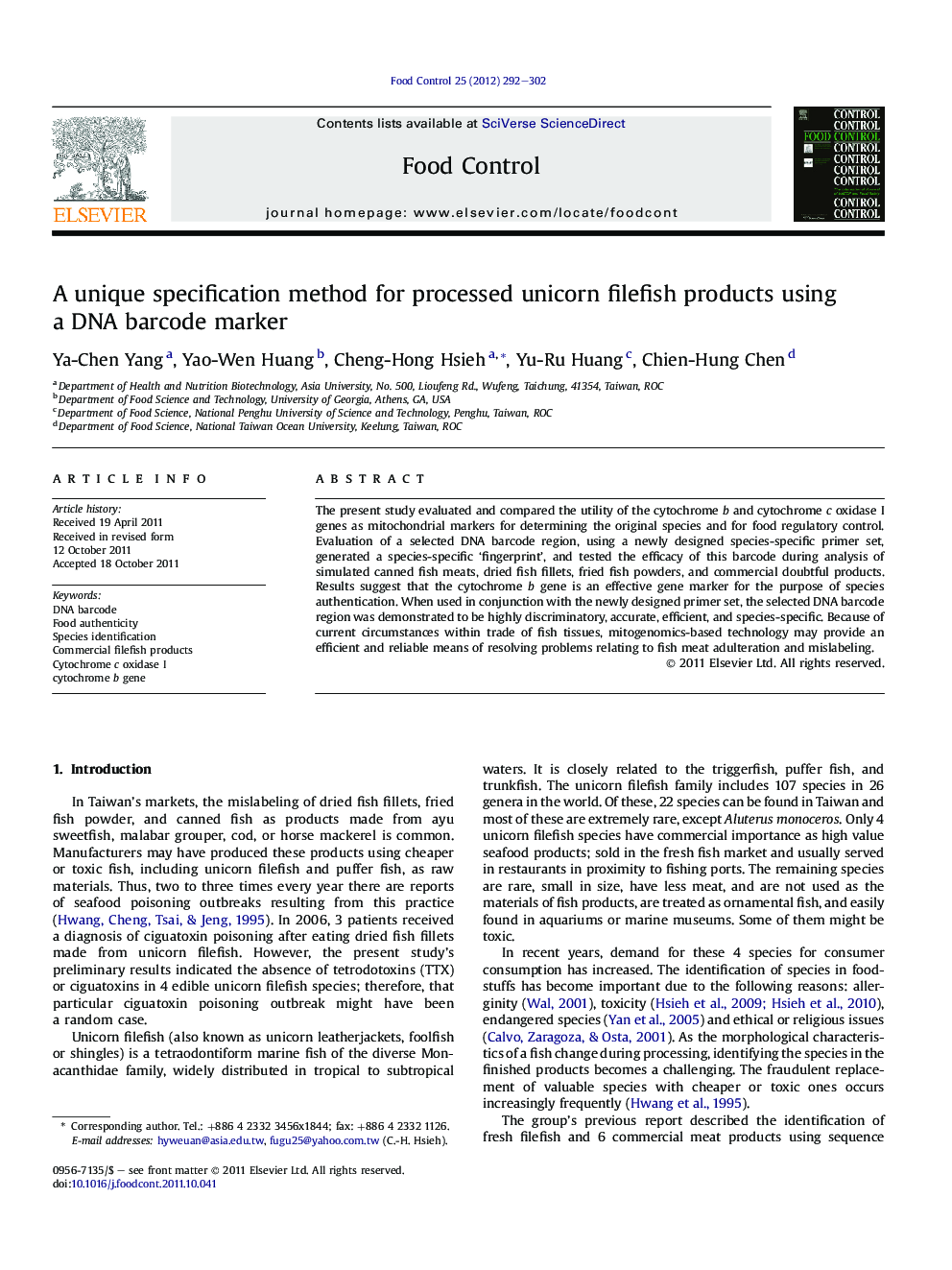 A unique specification method for processed unicorn filefish products using a DNA barcode marker