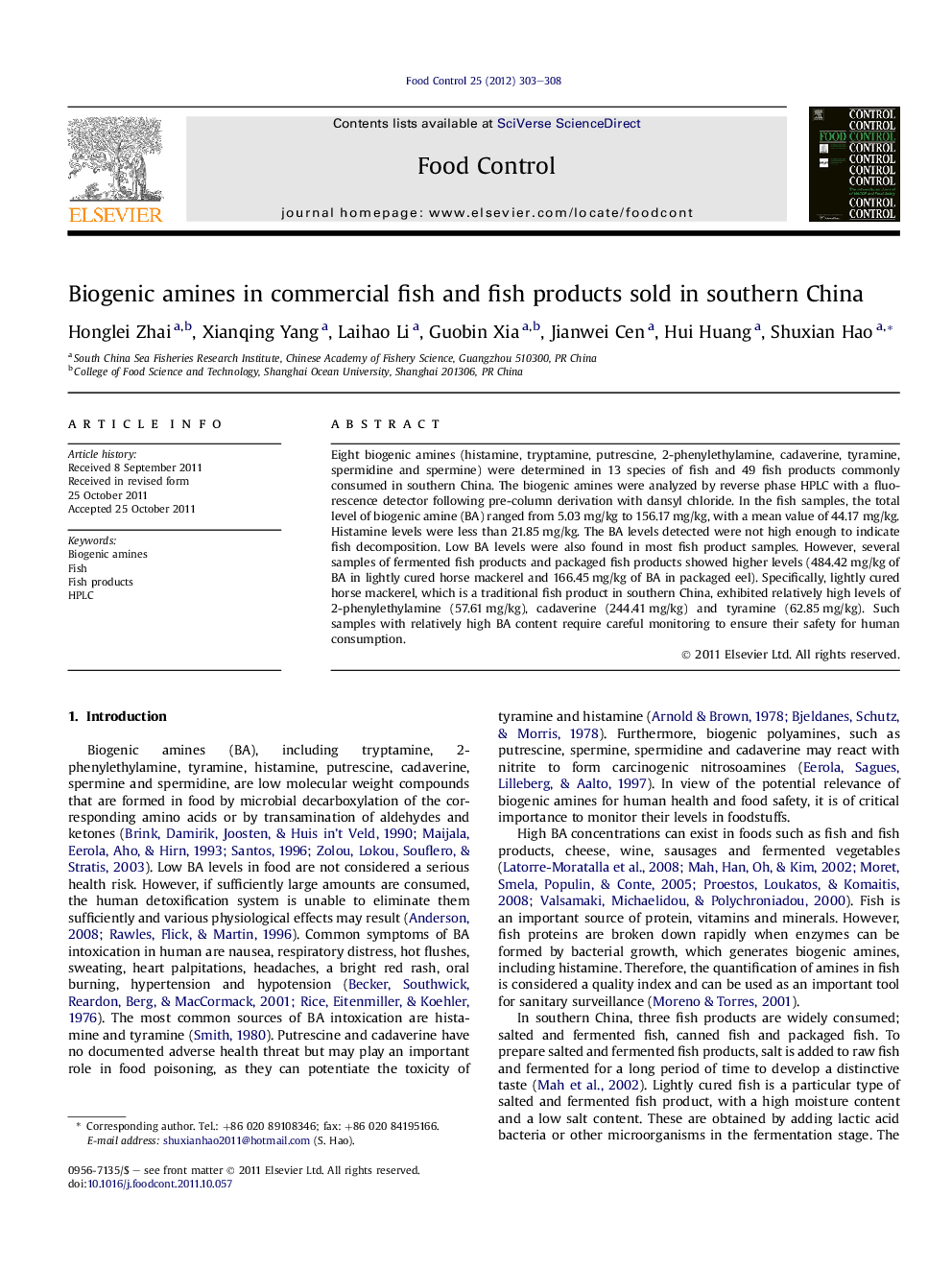 Biogenic amines in commercial fish and fish products sold in southern China