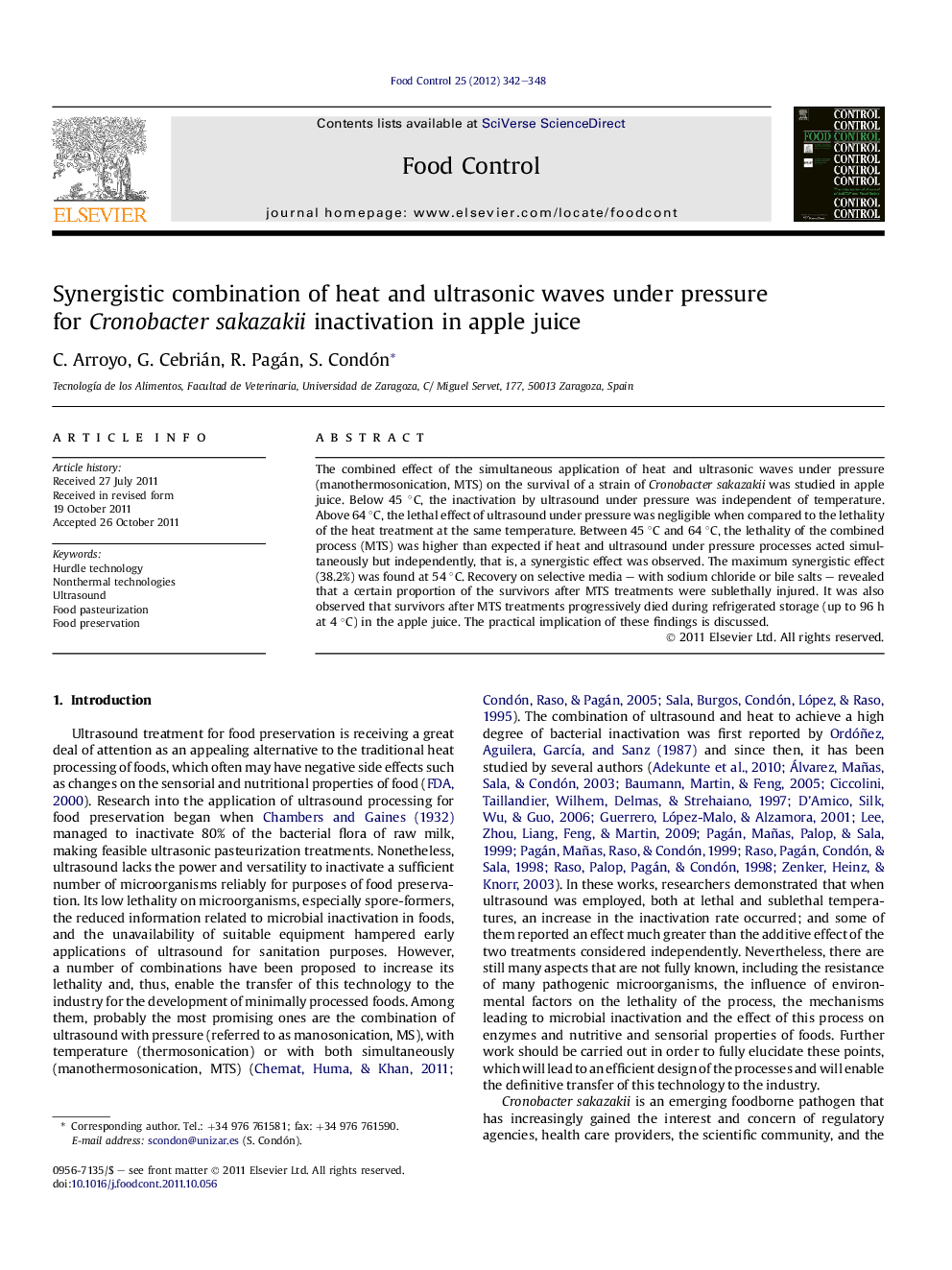 Synergistic combination of heat and ultrasonic waves under pressure for Cronobacter sakazakii inactivation in apple juice