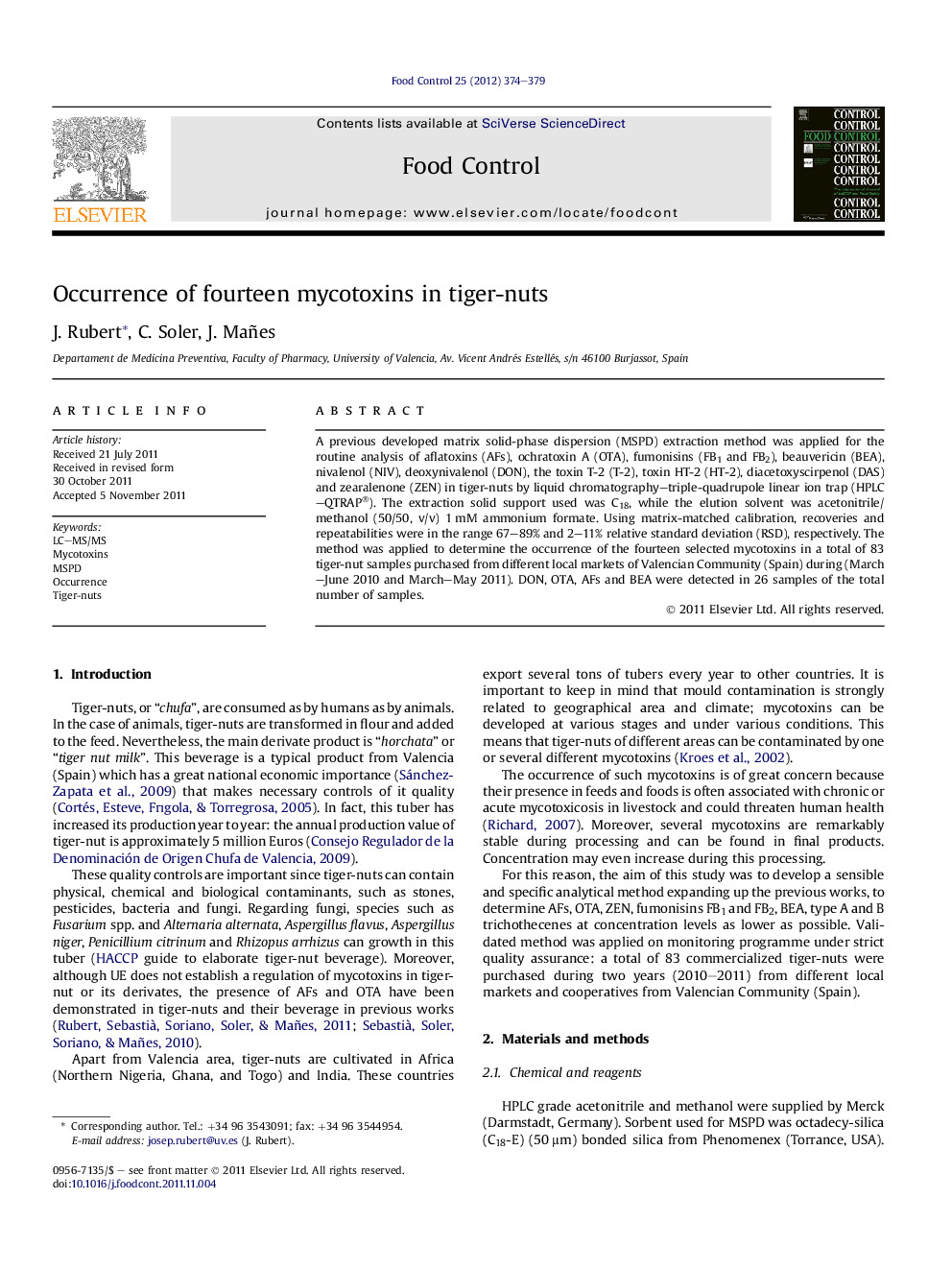 Occurrence of fourteen mycotoxins in tiger-nuts