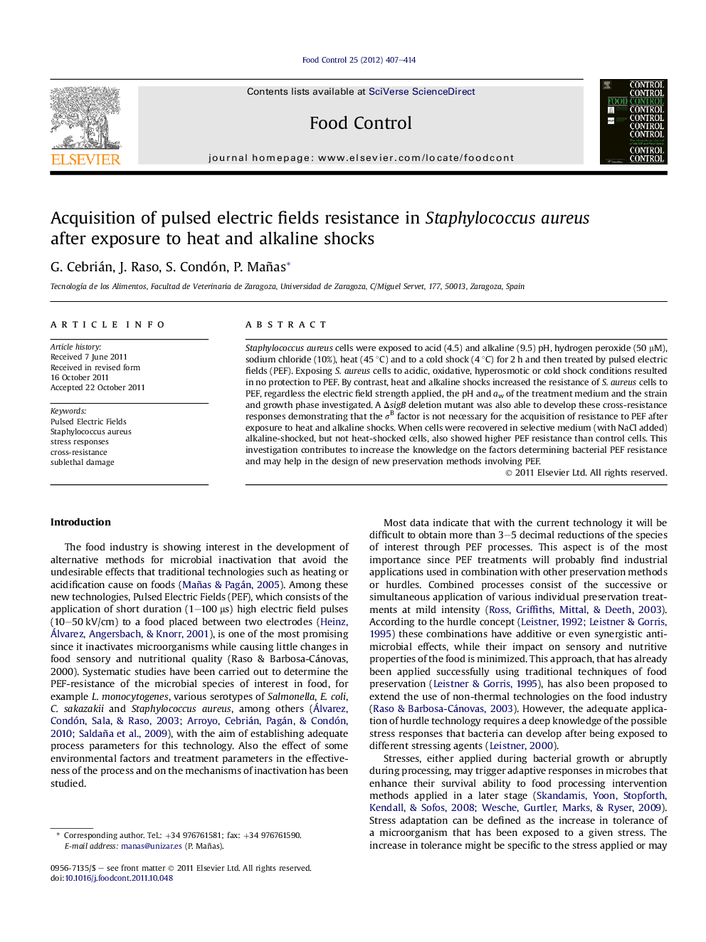 Acquisition of pulsed electric fields resistance in Staphylococcus aureus after exposure to heat and alkaline shocks