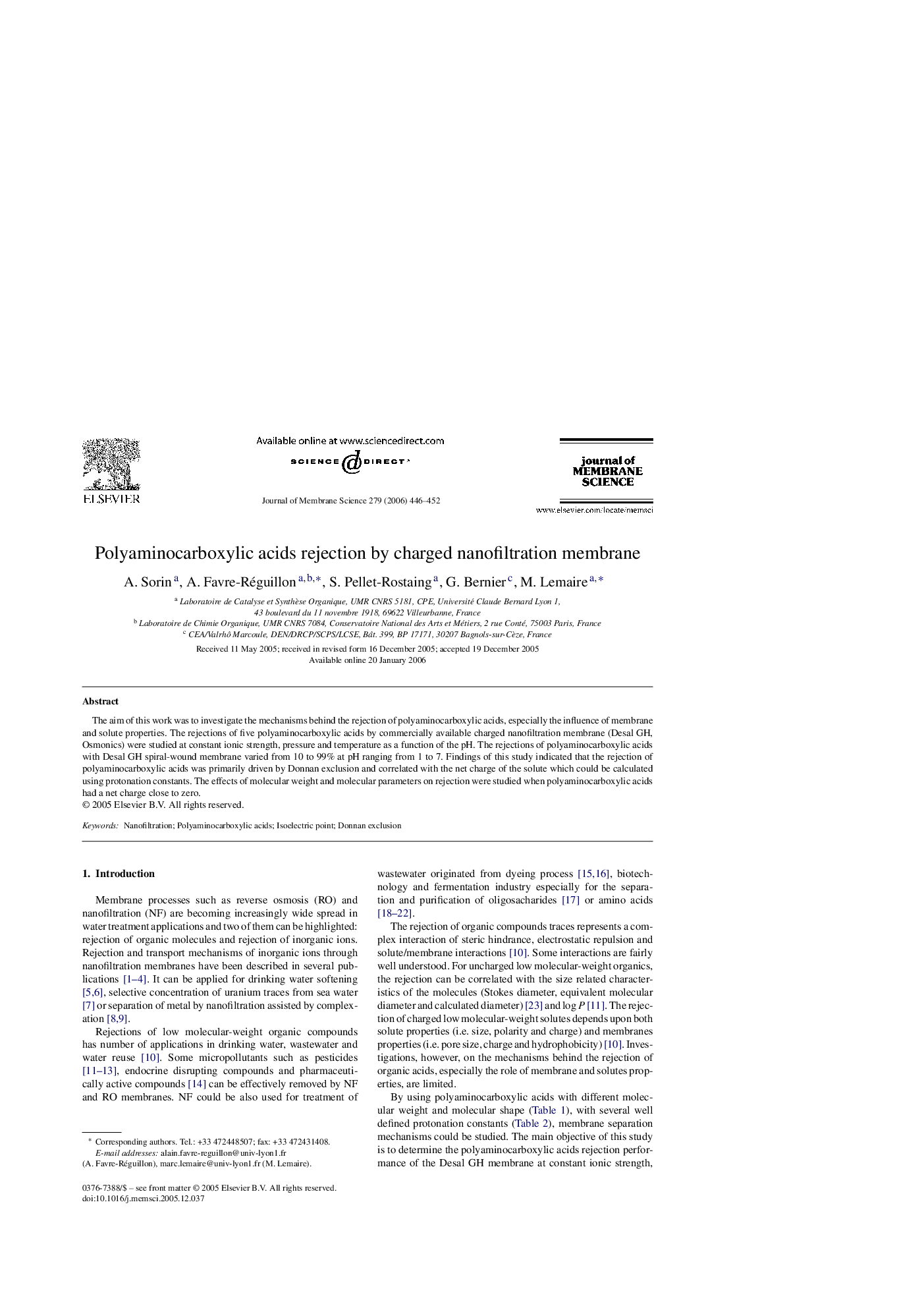 Polyaminocarboxylic acids rejection by charged nanofiltration membrane