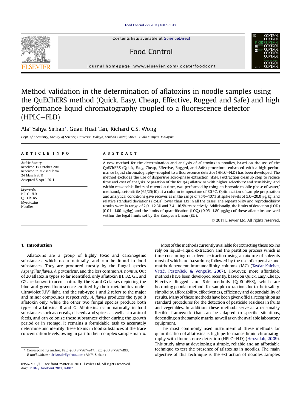 عکس صفحه اول مقاله: Method validation in the determination of aflatoxins in noodle samples using the QuEChERS method (Quick, Easy, Cheap, Effective, Rugged and Safe) and high performance liquid chromatography coupled to a fluorescence detector (HPLC-FLD) Method validation in the determination of aflatoxins in noodle samples using the QuEChERS method (Quick, Easy, Cheap, Effective, Rugged and Safe) and high performance liquid chromatography coupled to a fluorescence detector (HPLC-FLD)