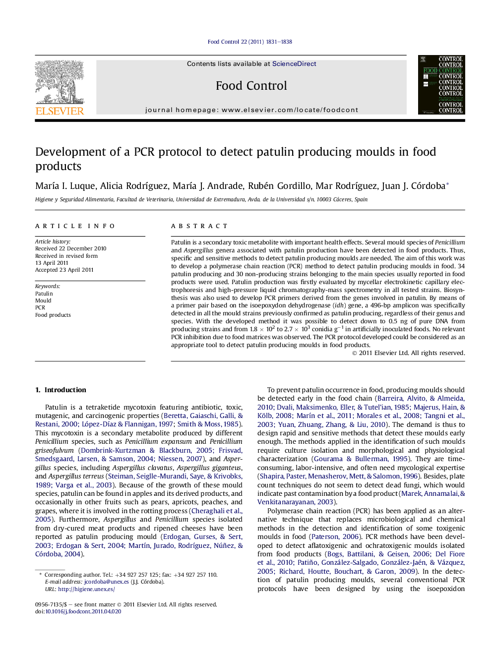 Development of a PCR protocol to detect patulin producing moulds in food products