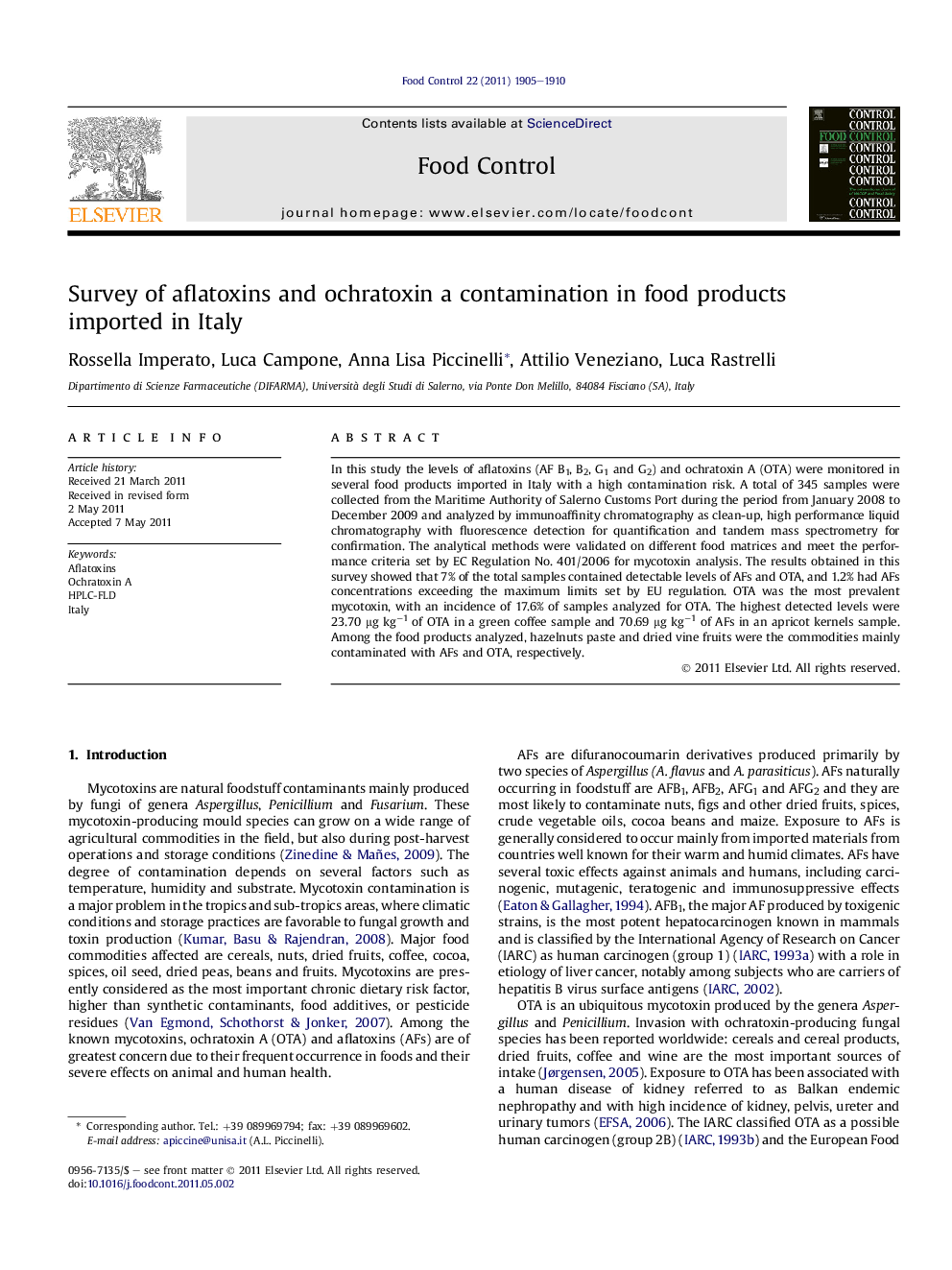 Survey of aflatoxins and ochratoxin a contamination in food products imported in Italy