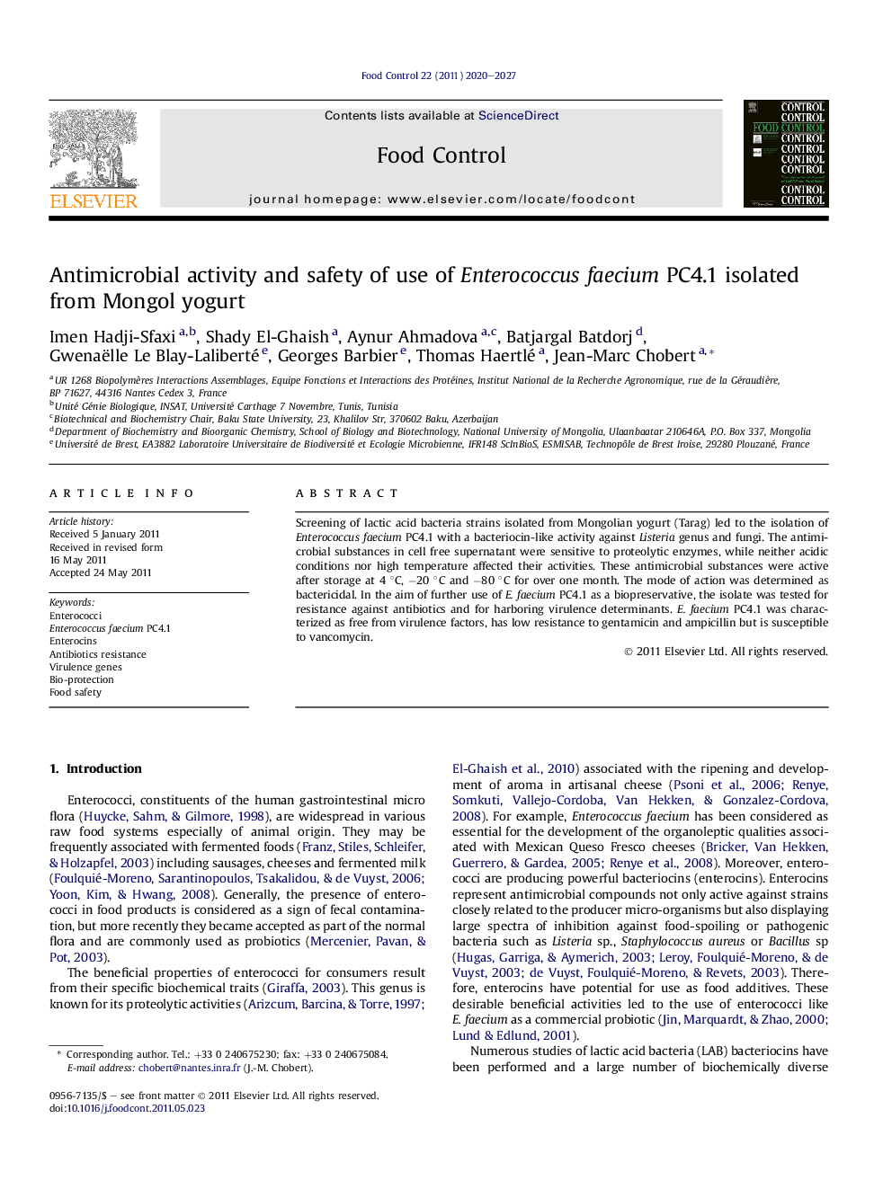 Antimicrobial activity and safety of use of Enterococcus faecium PC4.1 isolated from Mongol yogurt