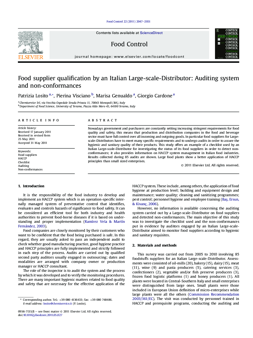 Food supplier qualification by an Italian Large-scale-Distributor: Auditing system and non-conformances