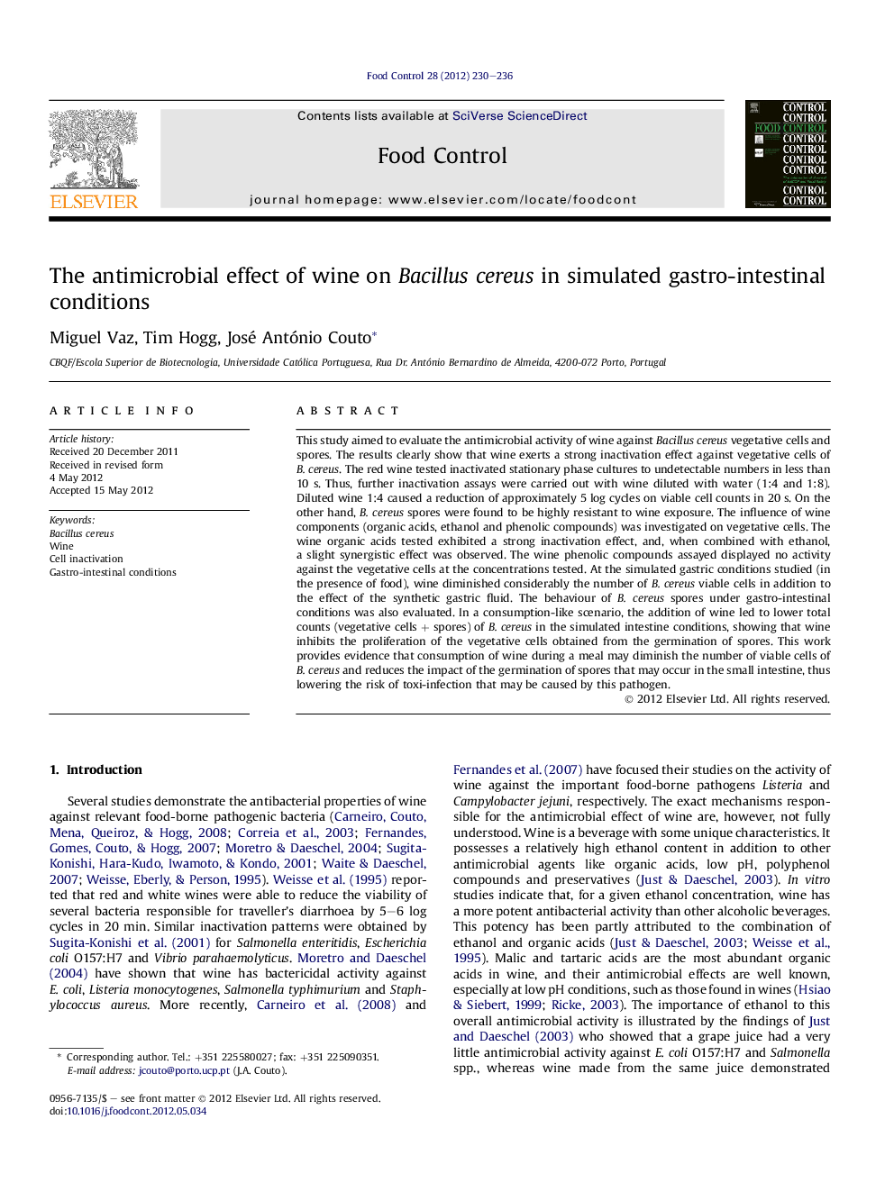 The antimicrobial effect of wine on Bacillus cereus in simulated gastro-intestinal conditions