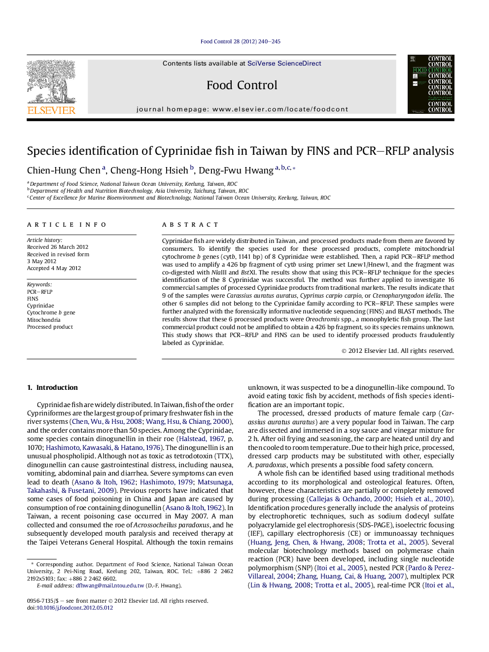 Species identification of Cyprinidae fish in Taiwan by FINS and PCR-RFLP analysis