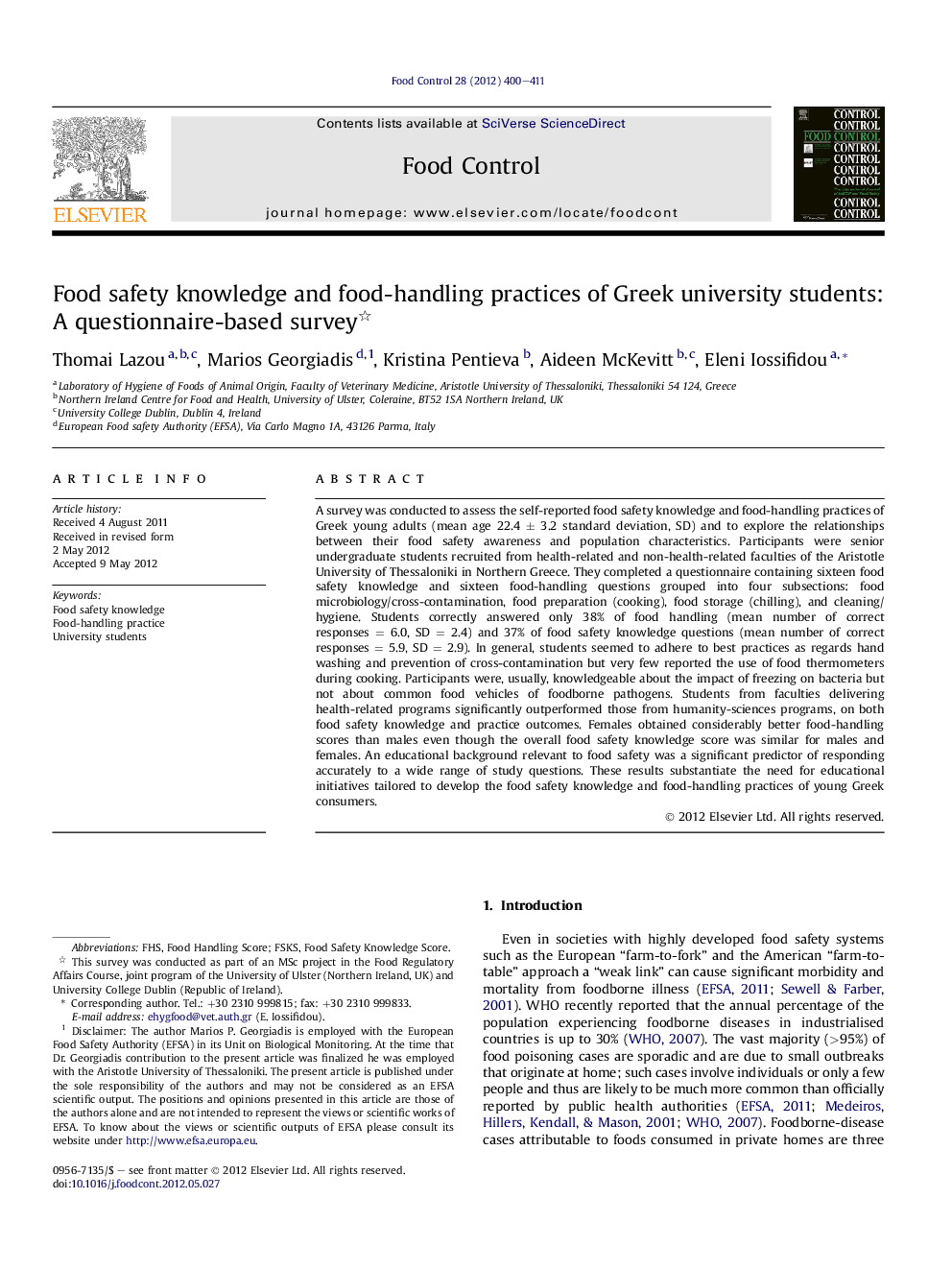 Food safety knowledge and food-handling practices of Greek university students: A questionnaire-based survey