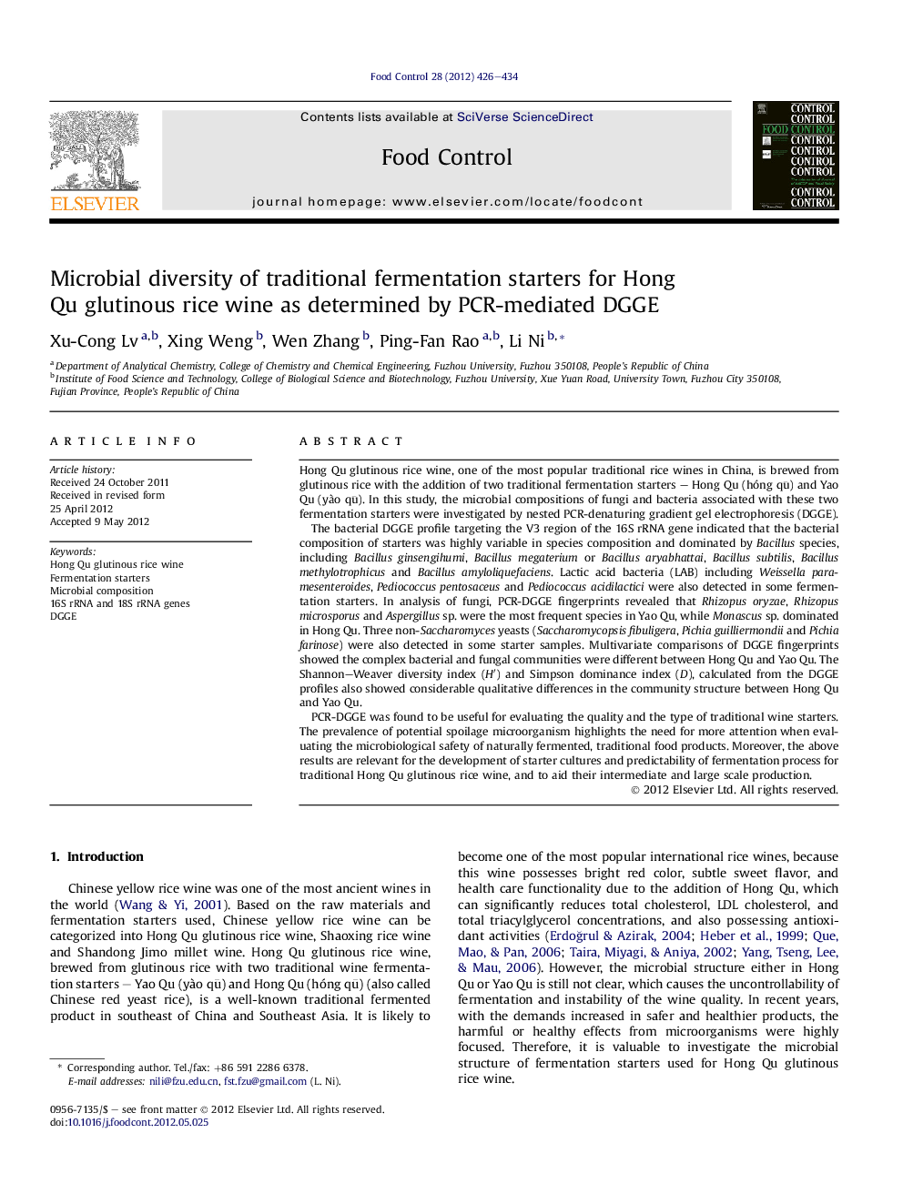 Microbial diversity of traditional fermentation starters for Hong Qu glutinous rice wine as determined by PCR-mediated DGGE