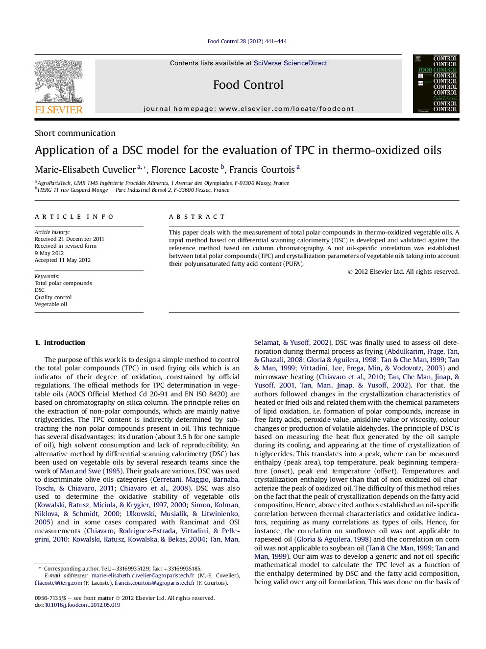 Short communicationApplication of a DSC model for the evaluation of TPC in thermo-oxidized oils