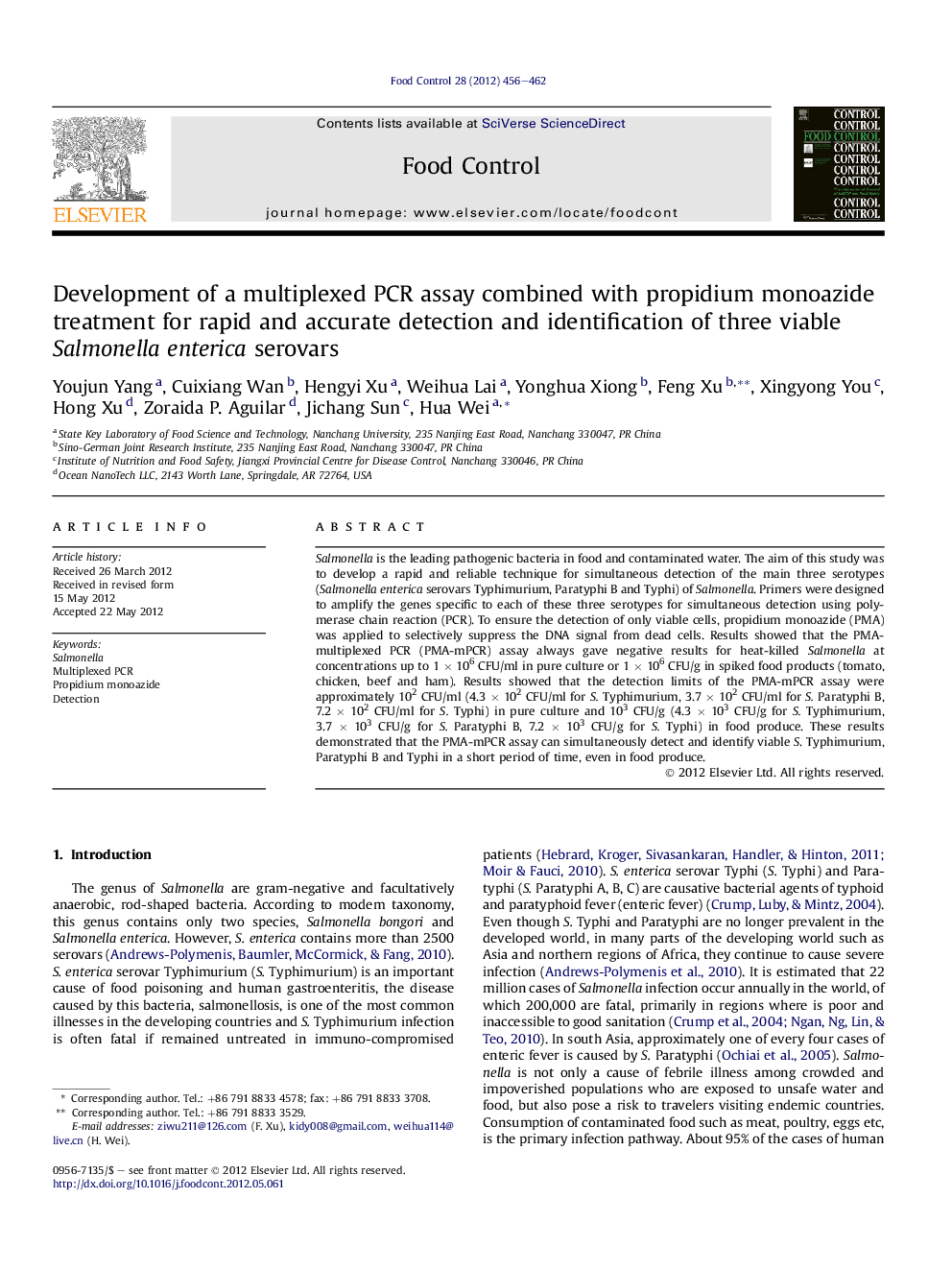 Development of a multiplexed PCR assay combined with propidium monoazide treatment for rapid and accurate detection and identification of three viable Salmonella enterica serovars