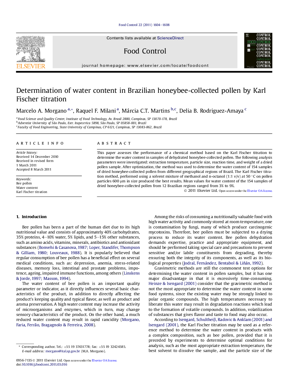 Determination of water content in Brazilian honeybee-collected pollen by Karl Fischer titration