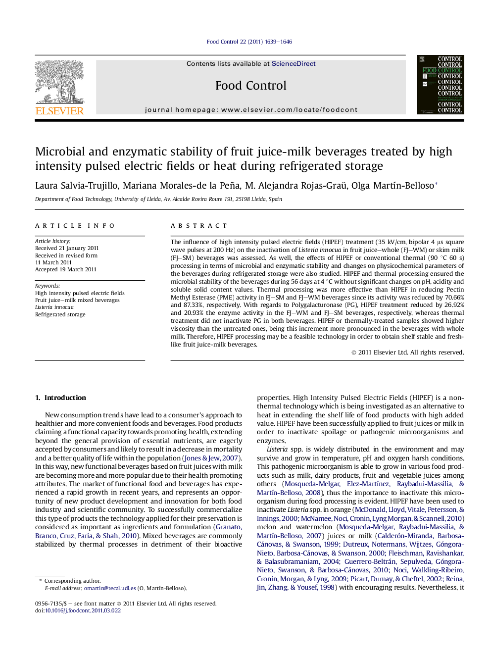 Microbial and enzymatic stability of fruit juice-milk beverages treated by high intensity pulsed electric fields or heat during refrigerated storage