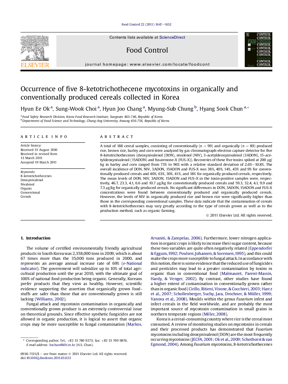 Occurrence of five 8-ketotrichothecene mycotoxins in organically and conventionally produced cereals collected in Korea